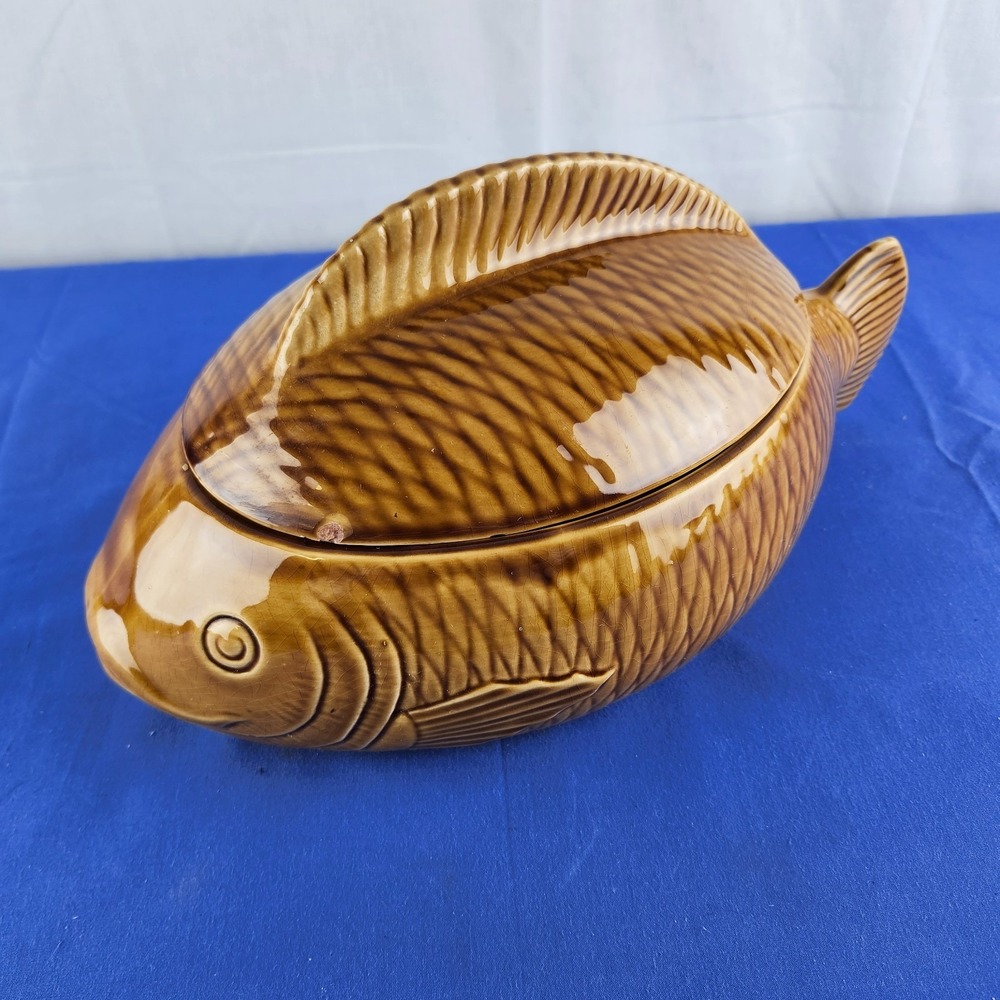 Vintage Majolica Sarreguemines‎ France Service Fish Tureen - 1950s - S